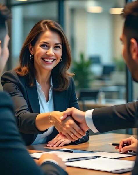 Professional Business Meeting with Handshake in Modern Corporate Office Setting business consulting service